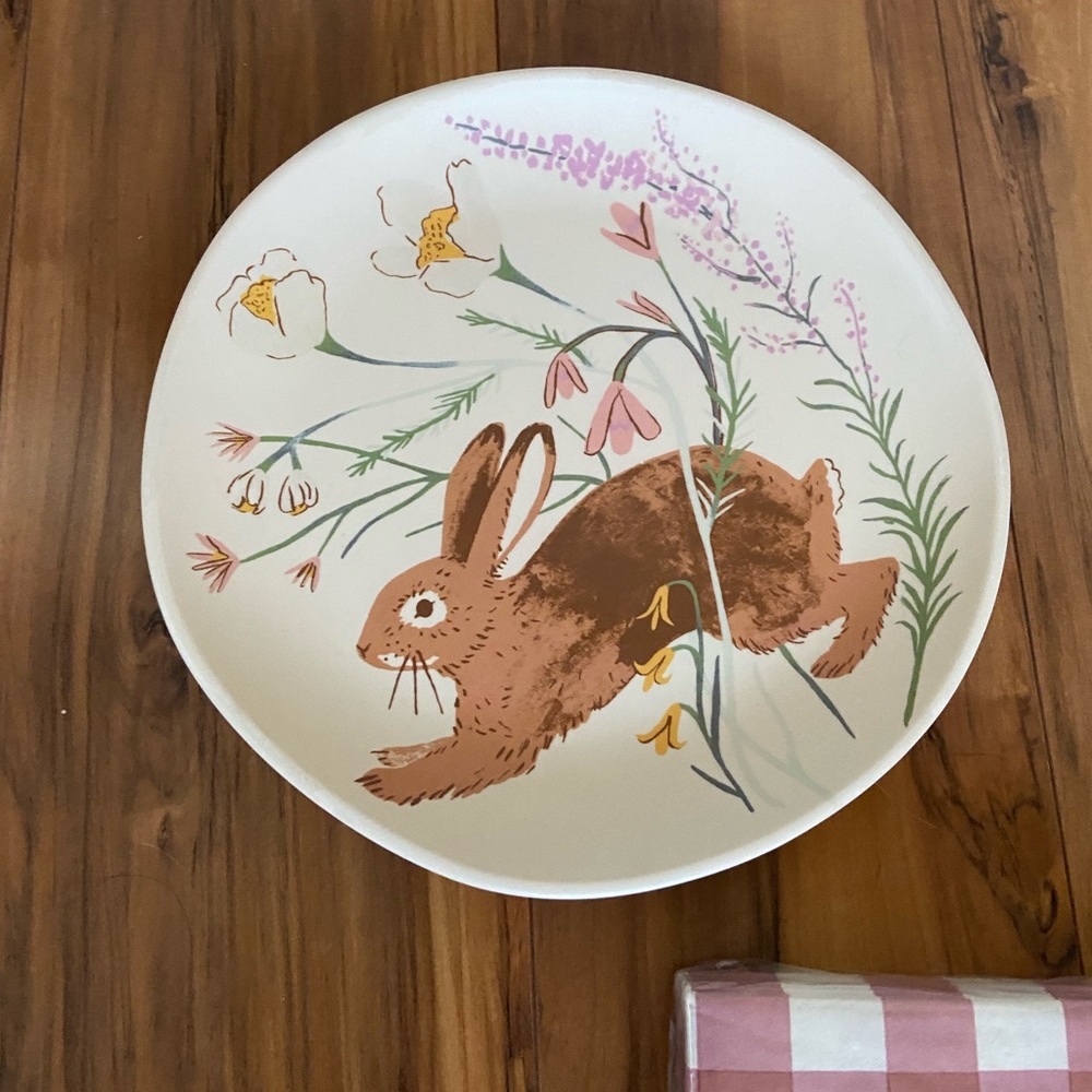 New spring rabbit bunny salad plate set and pink checker plaid napkins - Picture 2 of 5